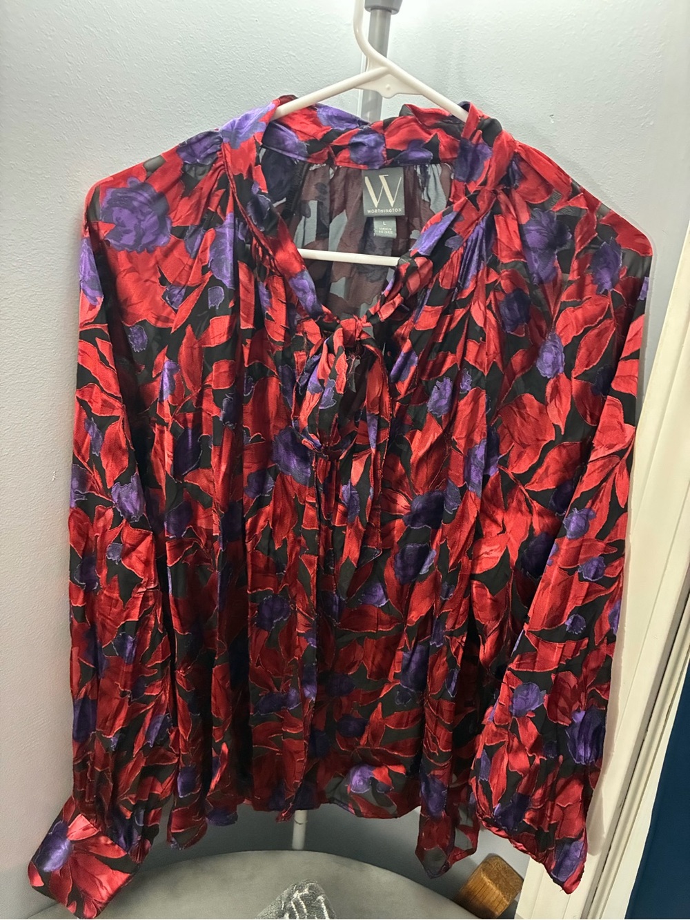 Worthington Red and Purple Floral Tie-Neck Blouse